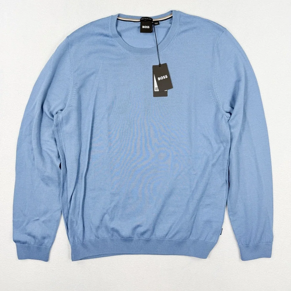 Boss Leno P Virgin Italian Wool Crewneck Sweater L Mens Pastel Blue Light NWT - Picture 1 of 9